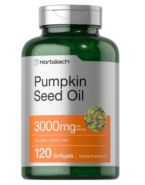 Horbäach Aceite de semilla de calabaza | 3000 mg | 120 cápsulas de gel suave | Suplemento dietético prensado en frío  Fórmula sin OMG y sin gluten