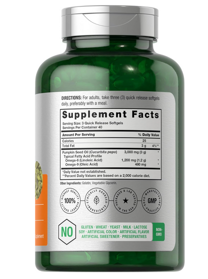 Horbäach Aceite de semilla de calabaza | 3000 mg | 120 cápsulas de gel suave | Suplemento dietético prensado en frío  Fórmula sin OMG y sin gluten