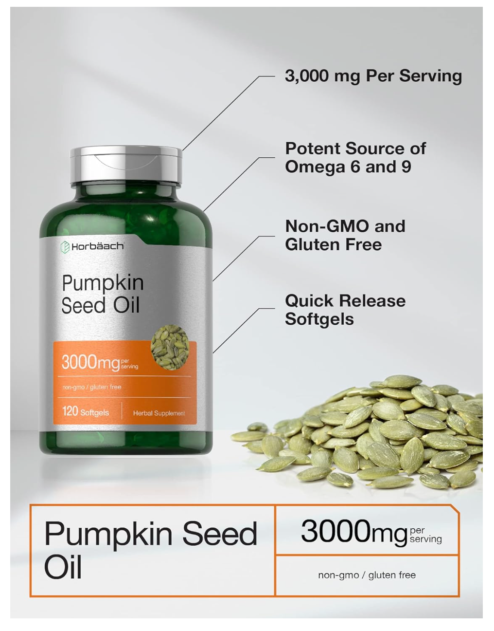 Horbäach Aceite de semilla de calabaza | 3000 mg | 120 cápsulas de gel suave | Suplemento dietético prensado en frío  Fórmula sin OMG y sin gluten