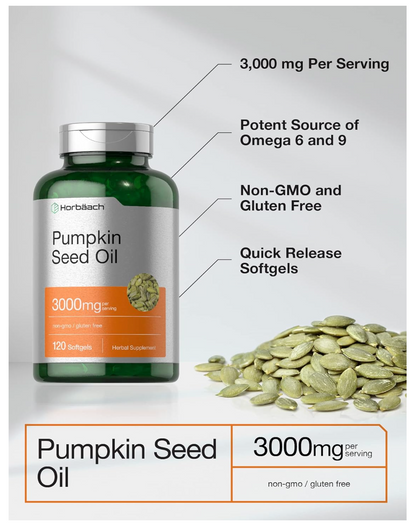 Horbäach Aceite de semilla de calabaza | 3000 mg | 120 cápsulas de gel suave | Suplemento dietético prensado en frío  Fórmula sin OMG y sin gluten