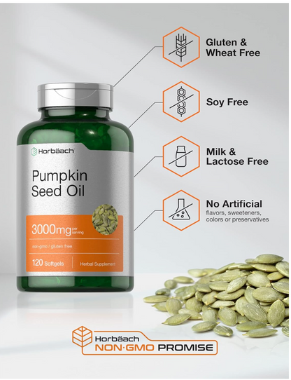 Horbäach Aceite de semilla de calabaza | 3000 mg | 120 cápsulas de gel suave | Suplemento dietético prensado en frío  Fórmula sin OMG y sin gluten