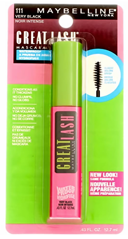 Pestañean Maybelline Great Lash Máscara Impermeable 111 Very Black 0.43 oz | Pestañas Negras e Intensas